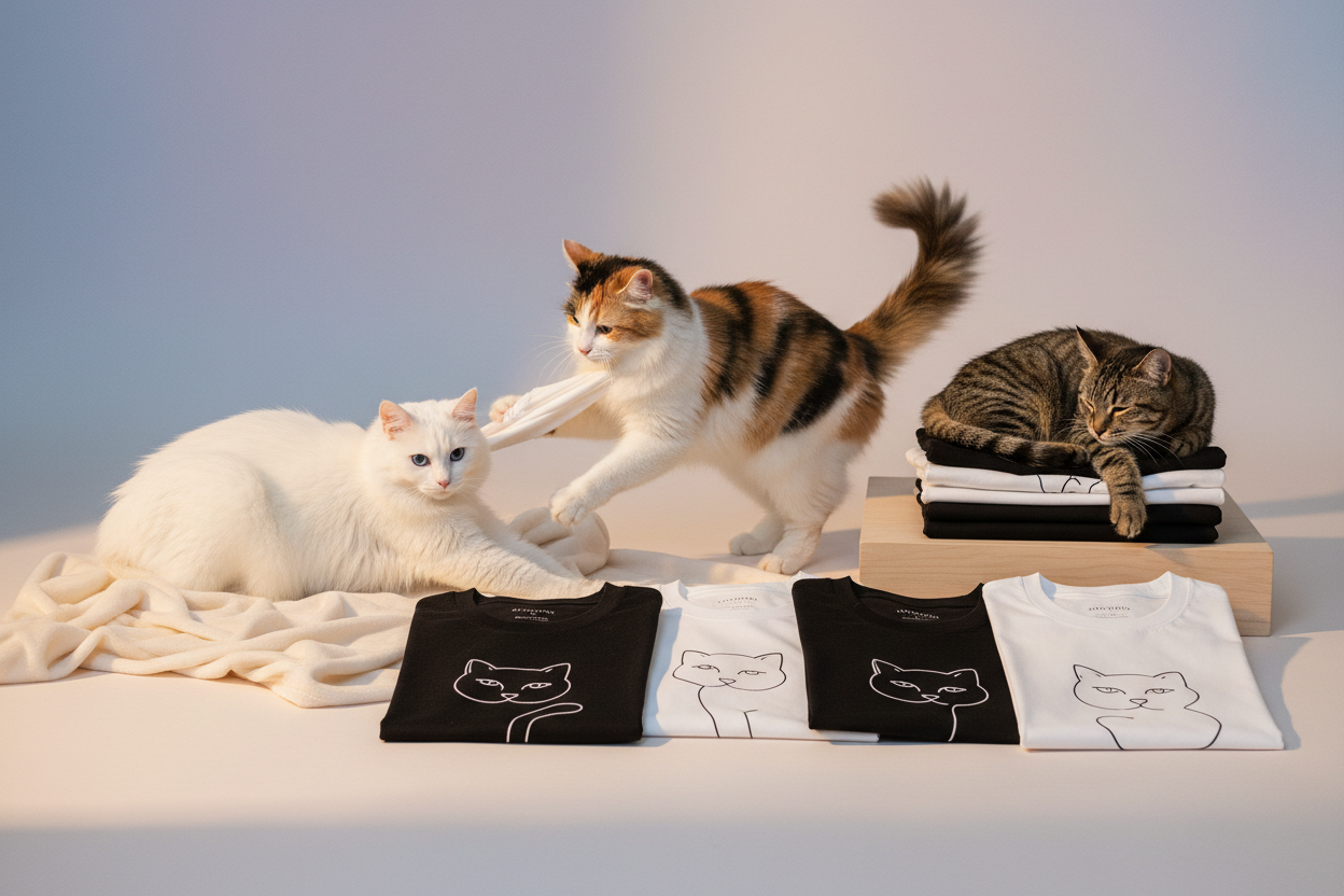 Create a premium, eye-catching banner image for a cat-themed clothing brand. Focus on evoking emotion and connection for cat lovers. Include cute and playful cats interacting with black and white t-shirts featuring cat designs. Use a soft, warm, inviting color palette with a minimalistic and clean layout. Modern, premium style, high-resolution, visually appealing, suitable for Shopify homepage banner. Do not include any text.
